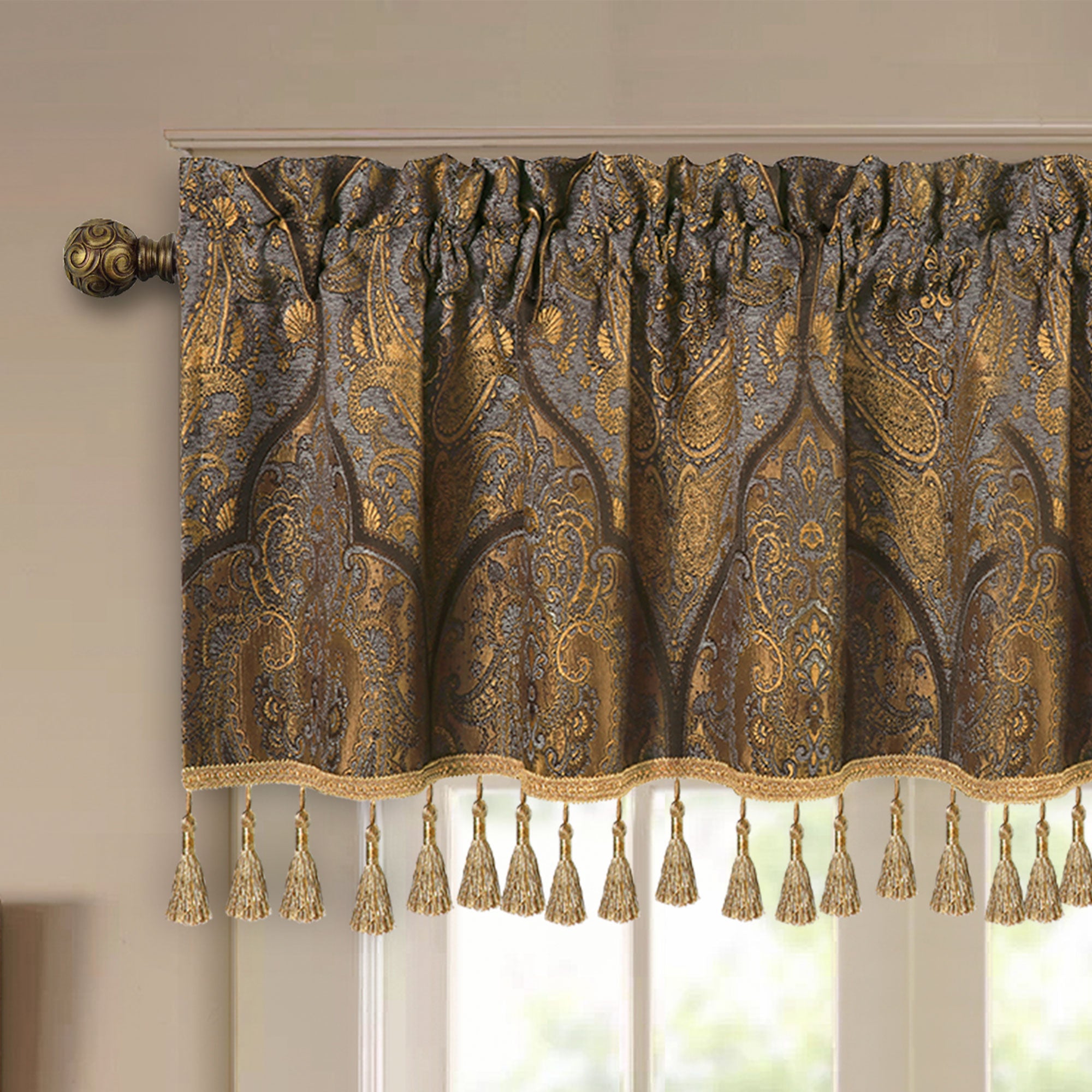 Valance Ready to Ship! Gathered Straight-Hem offers Rod Pocket Window Treatment in Waverly Folk Damask Fabric Color Terracotta Arts and Crafts